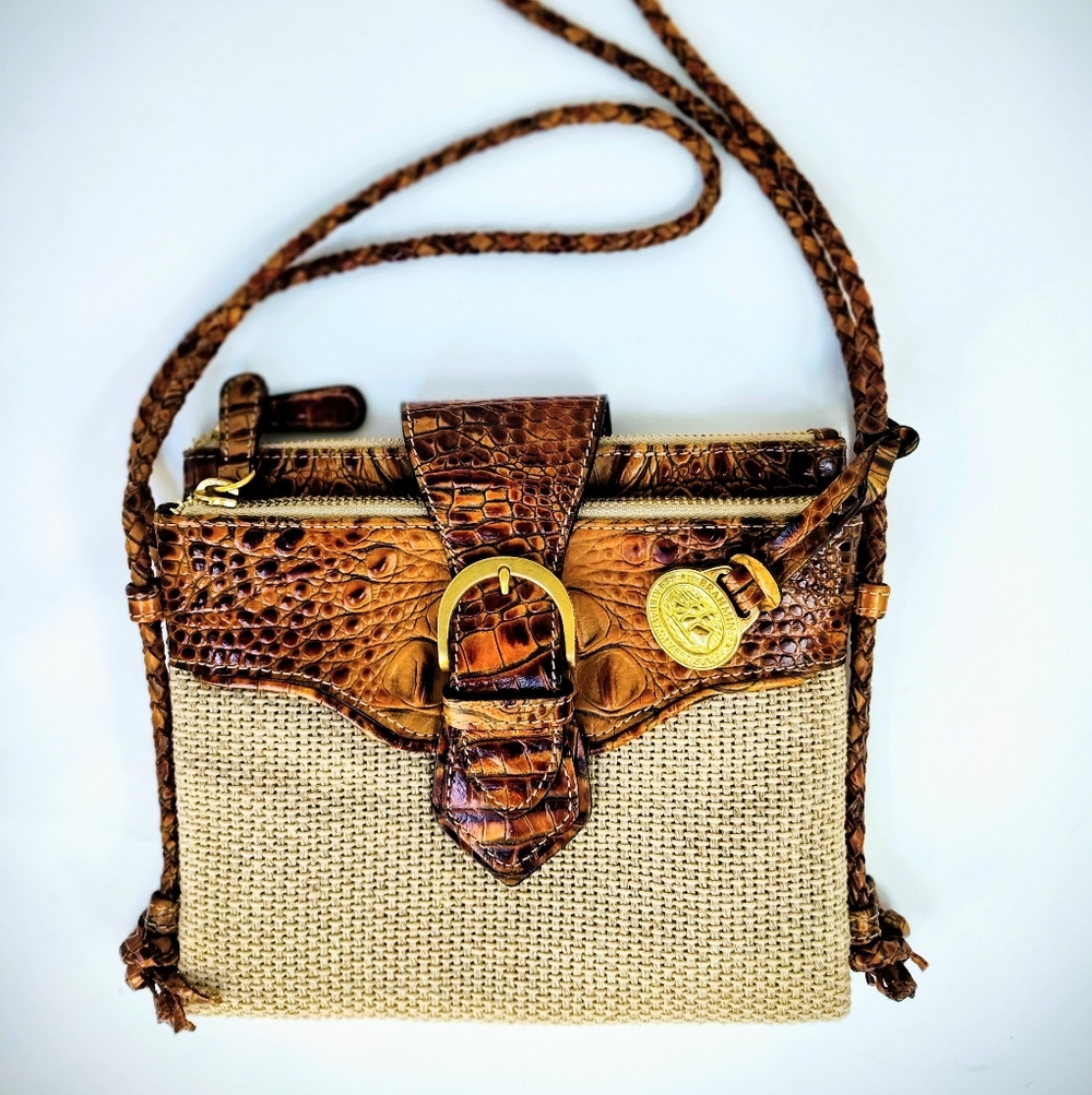 VTG Bahmin Leather & Fabric Mini Organizer Bag Toasted Almond Or Pecan Colorway